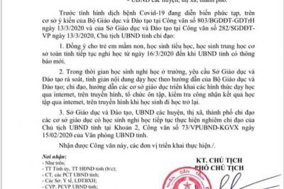 Nhà trường trân trọng thông báo đến CB-GV- NV cùng các quý bậc phụ huynh về lịch HS tiếp tục nghỉ học từ ngày 16/3/2020 cho đến khi có thông báo mới của cấp trên!  Kế hoạch và nhiệm vụ trong thời gian tới được thông báo trong trang riêng của trường đề nghị toàn trường nghiêm túc thực hiện! Xin cảm ơn!